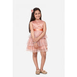 Beige net embellished sleeveless round neck dress for girls, intricate pattern on display