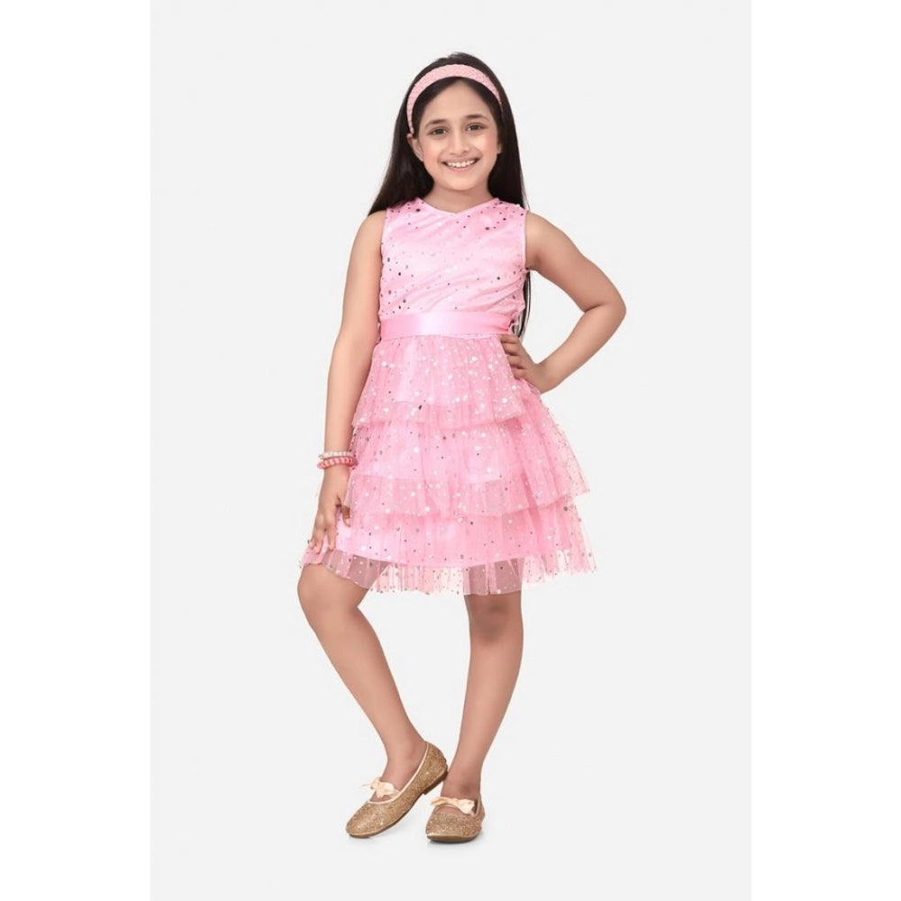 Pink net embellished sleeveless round neck dress for girls, suitable for parties