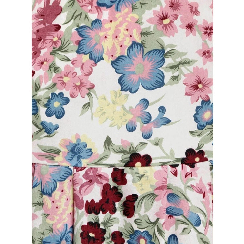 Multicolor polyester crepe printed short sleeve round neck dress for girls