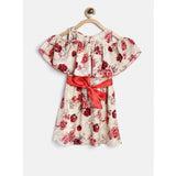 Cream-Red polyester crepe printed short sleeve cold shoulder neck dress for girls, stylish partywear option
