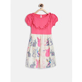 Pink-White cotton printed short sleeve round neck dress for girls, vibrant pattern design on a comfortable cotton fabric