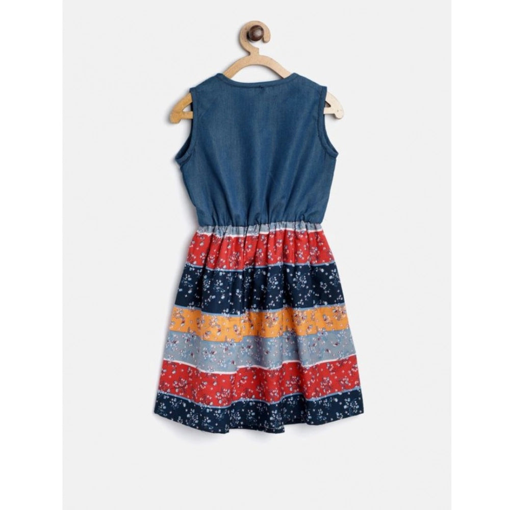 Multicolor denim-cotton floral print sleeveless round neck dress for girls, knee length on model