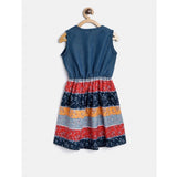 Multicolor denim-cotton floral print sleeveless round neck dress for girls, knee length on model