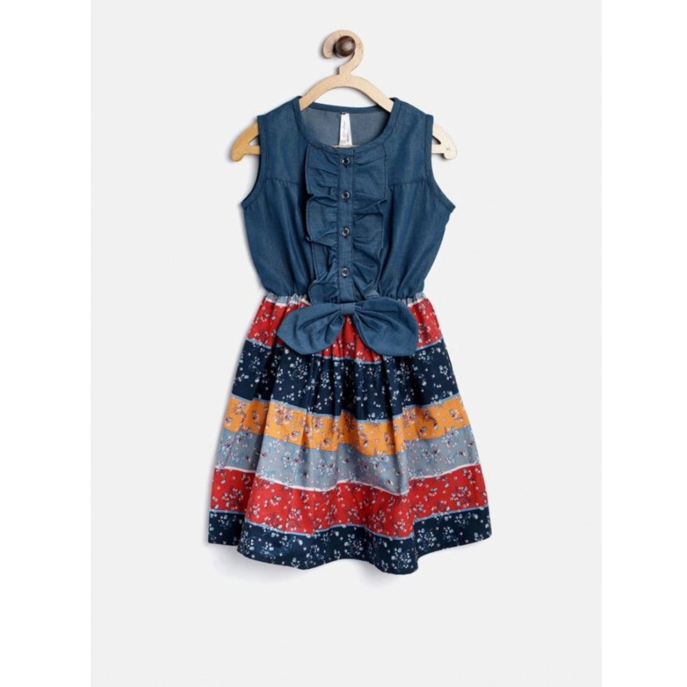 Multicolor denim-cotton floral print knee length dress for girls