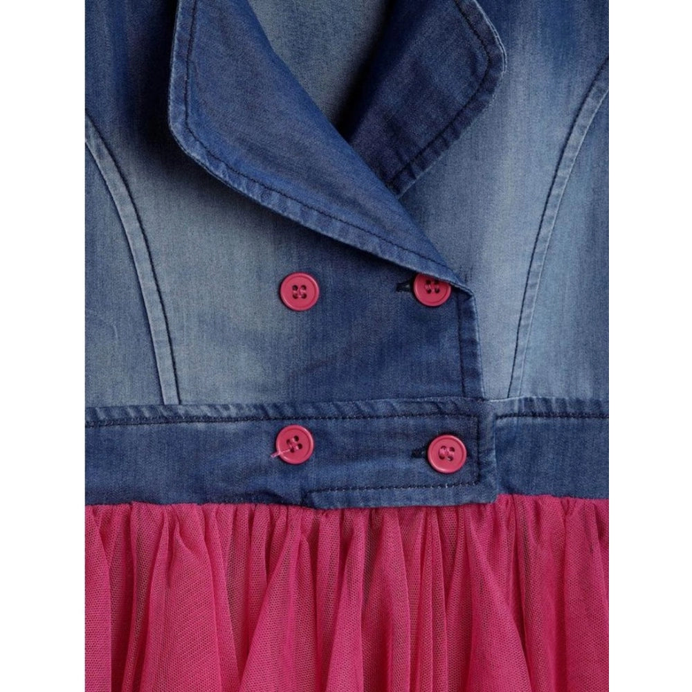 Blue-Pink polyester crepe-net girl's knee length dress with solid pattern and shoulder straps