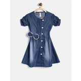 Blue denim striped sleeveless round neck dress for girls