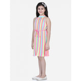 Multicolor polyester crepe striped sleeveless round neck dress for girls, stylish fashion dress on display