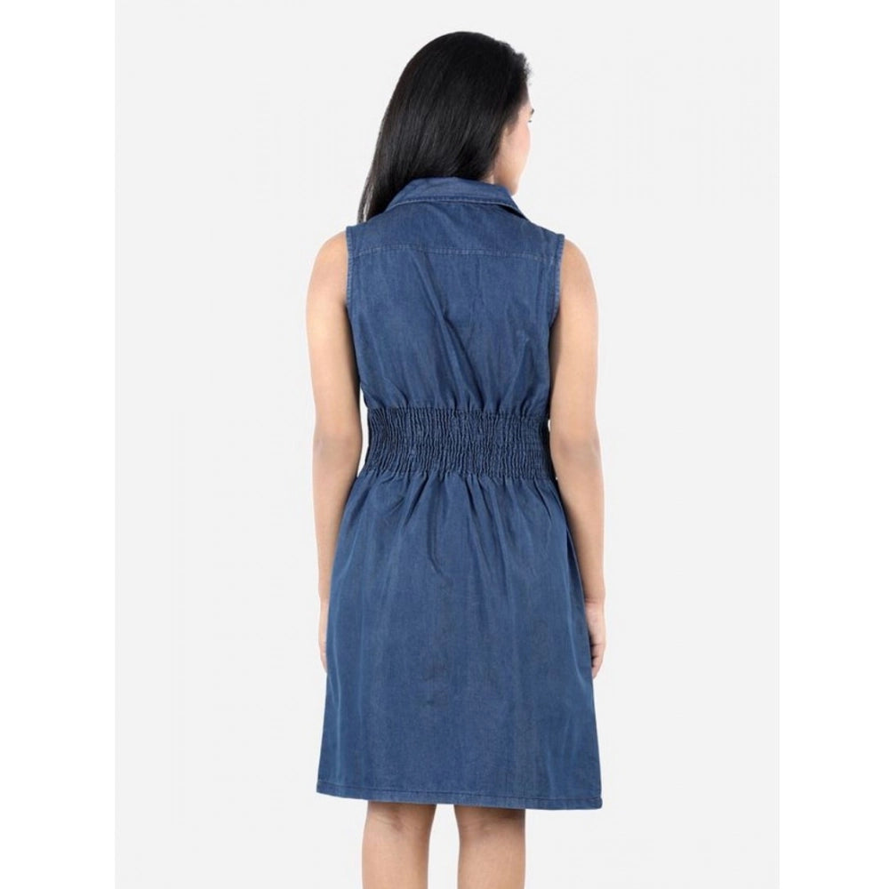 Blue denim solid sleeveless shirt collar dress for girls, knee-length style