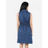 Blue denim solid sleeveless shirt collar dress for girls, knee-length style