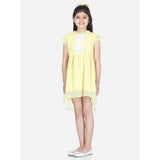 Lemon yellow polyester solid short sleeve round neck dress for girls, vibrant summer outfit