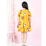 Yellow-Red polyester crepe floral printed round neck dress with slit sleeves