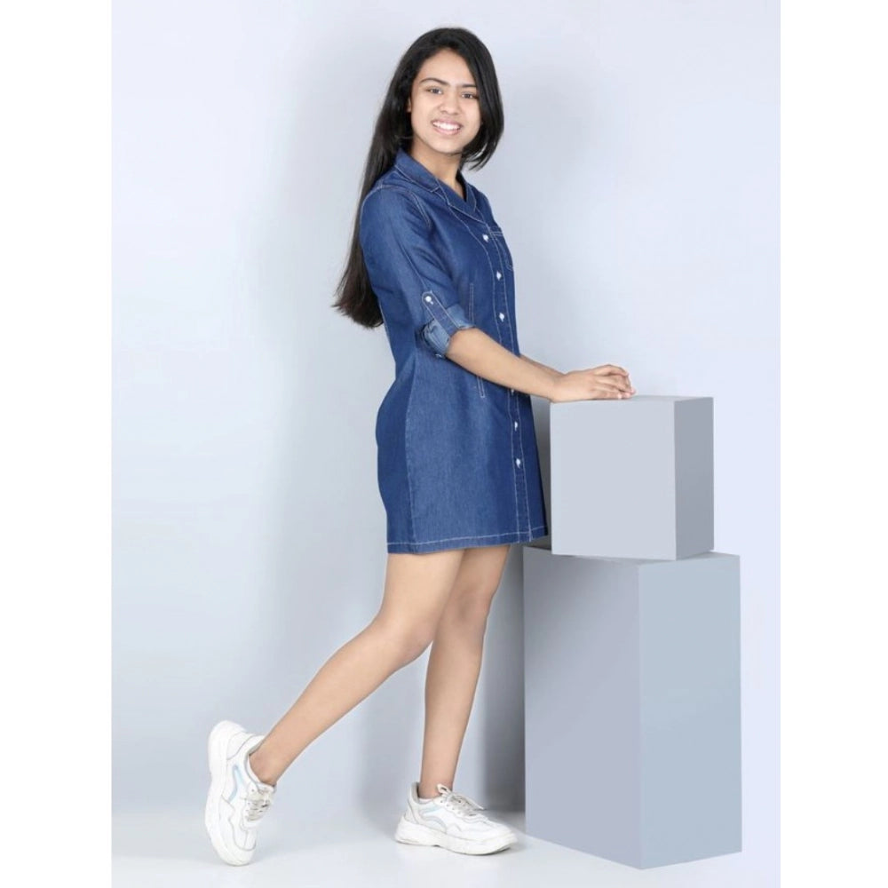 Blue denim long-sleeve shirt dress with collar, solid pattern for girls' casual wear