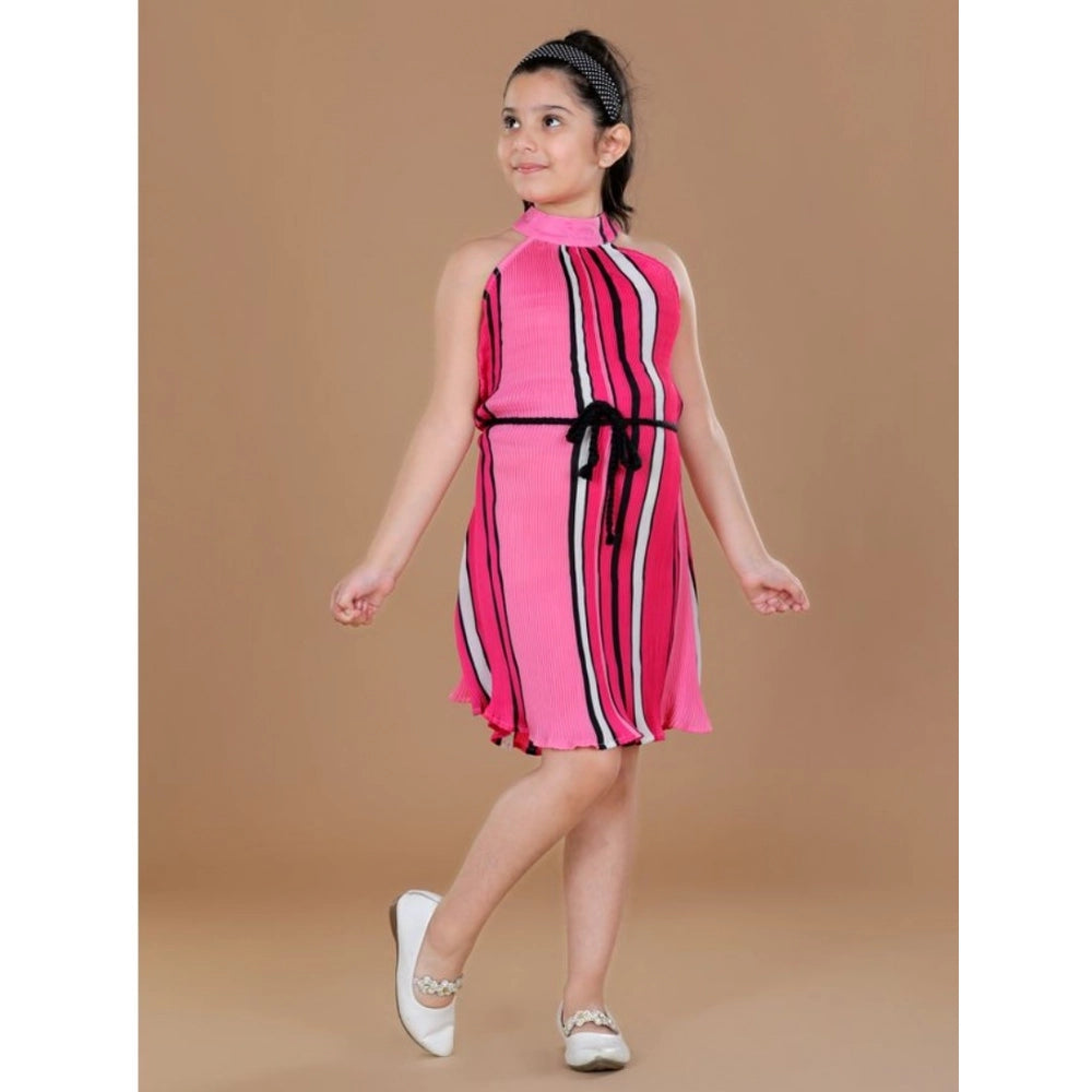 Pink polyester crepe printed knee-length dress for girls, sleeveless round neck style