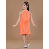 Orange polyester crepe printed sleeveless round neck dress for girls, vibrant pattern detail