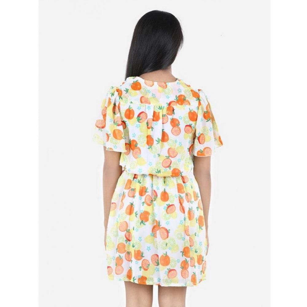 Yellow-Orange polyester printed short sleeve V-neck dress for girls, ideal for casual wear