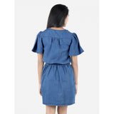 Blue denim solid short sleeve V-neck dress for girls, knee length denim fashion