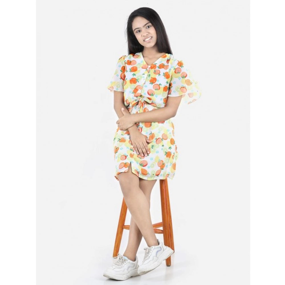 Yellow-Orange polyester printed short sleeve v-neck dress for girls, vibrant pattern detail