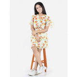 Yellow-Orange polyester printed short sleeve v-neck dress for girls, vibrant pattern detail