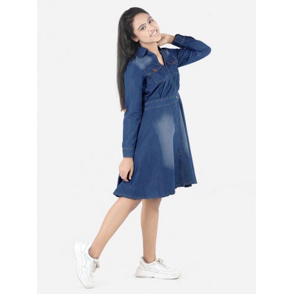 Blue denim long-sleeve shirt dress with collar, solid pattern for girls