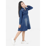 Blue denim long-sleeve shirt dress with collar, solid pattern for girls