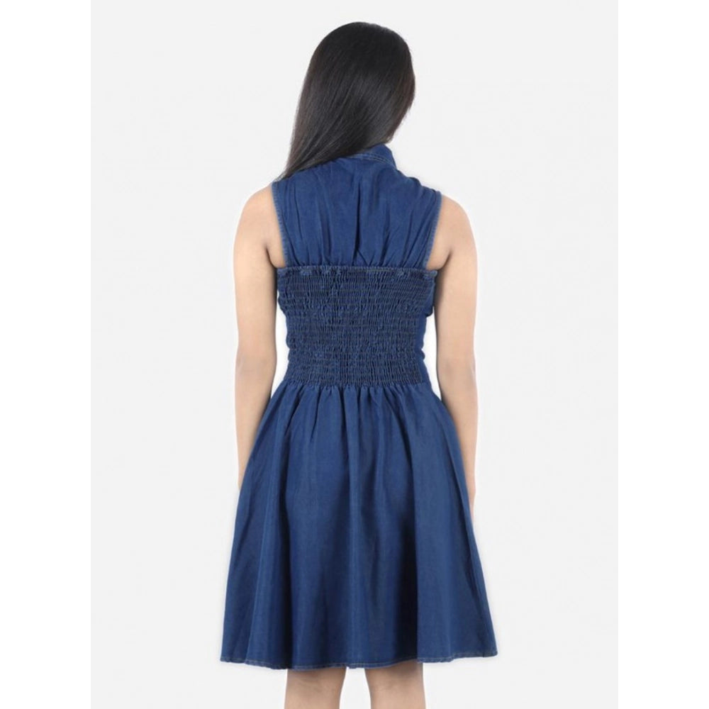 Blue denim solid sleeveless shirt collar dress for girls