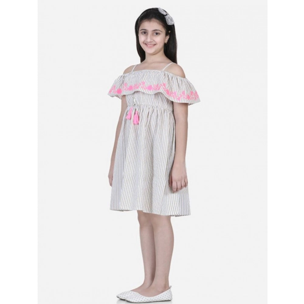Beige-Pink cotton printed sleeveless shoulder straps dress for girls - vibrant summer design above knee length