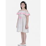 Beige-Pink cotton printed sleeveless shoulder straps dress for girls - vibrant summer design above knee length