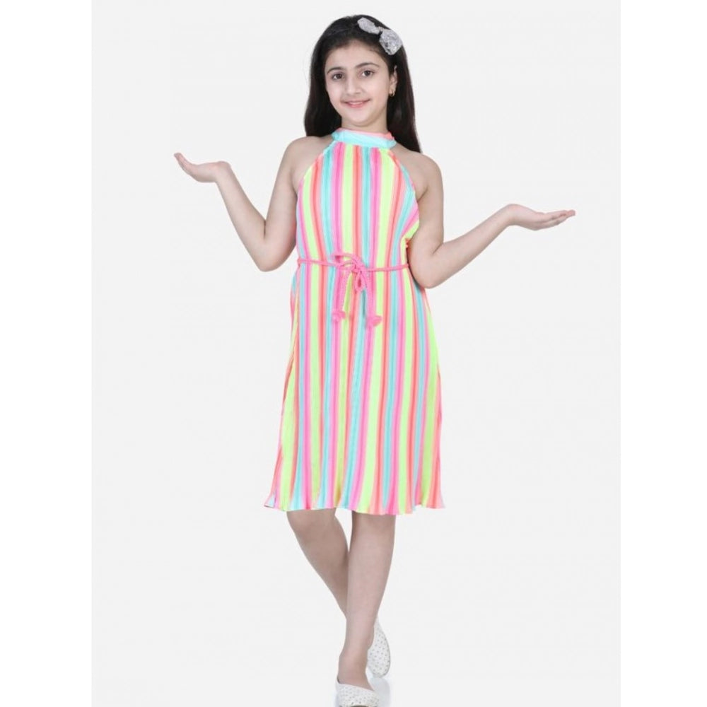 Multicolor striped polyester crepe knee-length dress for girls, sleeveless round neck style