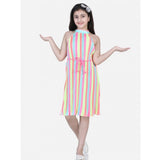 Multicolor striped polyester crepe knee-length dress for girls, sleeveless round neck style