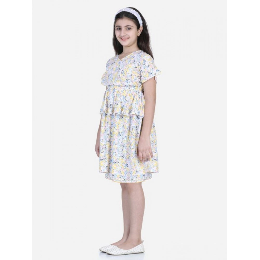 Multicolor rayon floral printed girls' V-neck dress, short sleeves, knee length