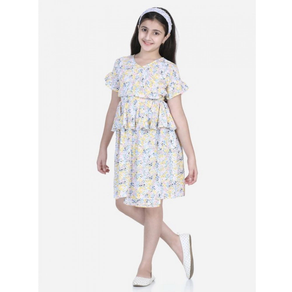 Multicolor rayon floral printed short sleeve V-neck dress for girls, knee length