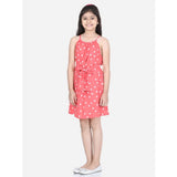Orange polyester printed short sleeve round neck dress for girls, vibrant pattern on display