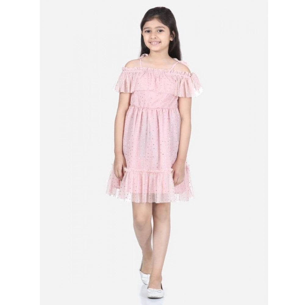 Pink polyester net embellished short sleeve shoulder straps dress for girls, fashionable summer outfit on model