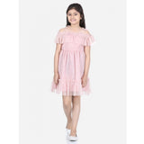 Pink polyester net embellished short sleeve shoulder straps dress for girls, fashionable summer outfit on model