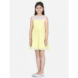 Yellow polyester dobby floral printed sleeveless round neck dress for girls