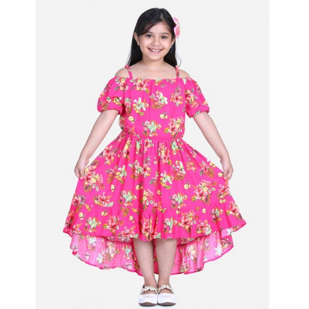 Pink rayon solid short sleeve shoulder straps dress for girls, below knee length