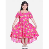 Pink rayon solid short sleeve shoulder straps dress for girls, below knee length