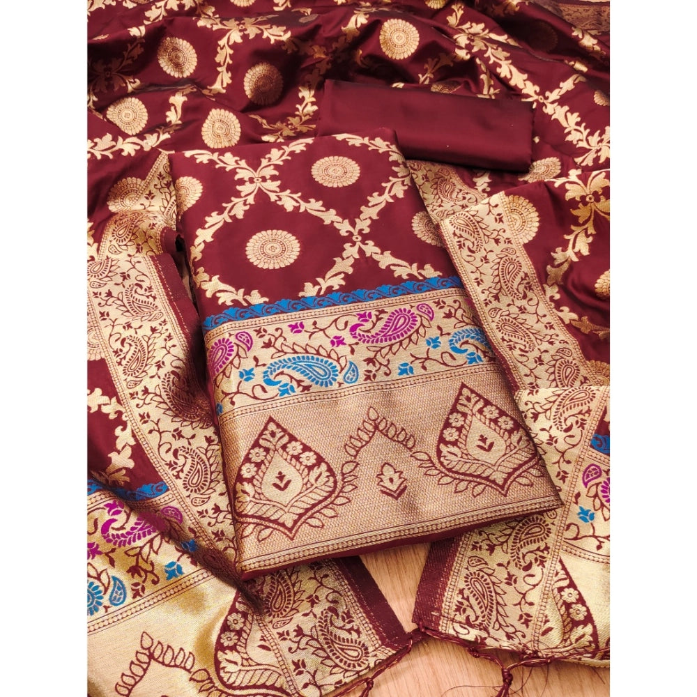 Maroon Banarasi silk printed unstitched salwar suit & dupatta (3m) - Indian women's fashion accessory for traditional events