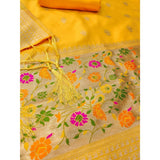 Yellow Banarasi silk printed unstitched salwar suit set with dupatta (3m)
