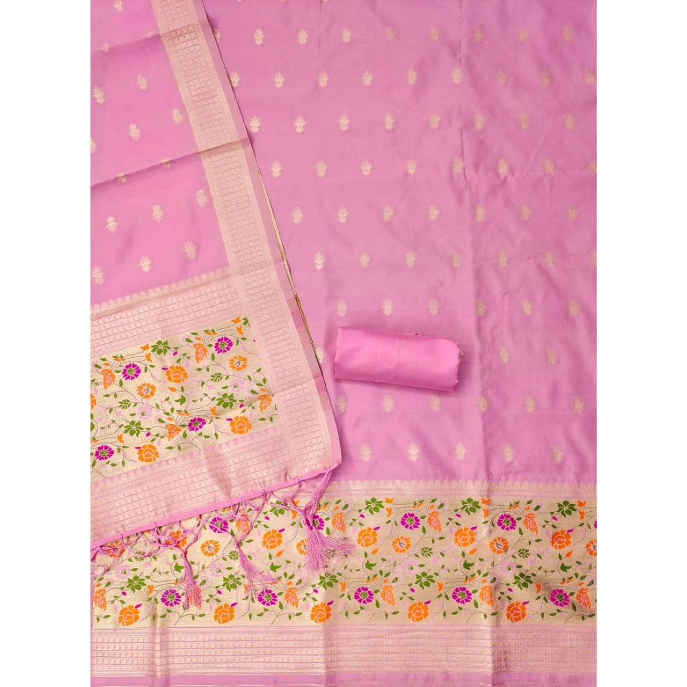 Light Pink Banarasi Silk Printed Unstitched Salwar Suit & Dupatta (3m, 2.3m), traditional Indian women's wear on mannequin