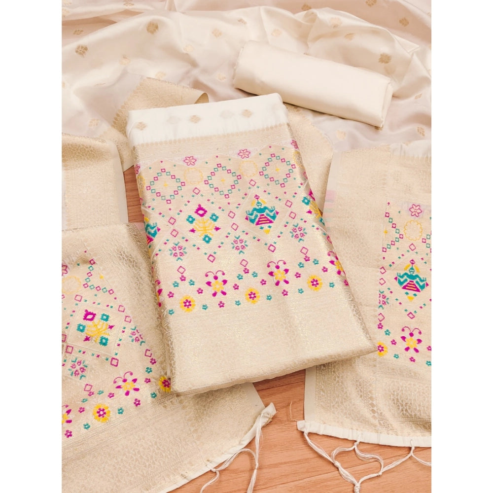 White Banarasi silk printed unstitched salwar suit set with dupatta (3m)