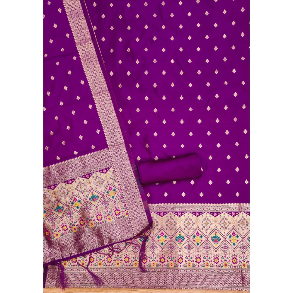 Purple Banarasi silk printed unstitched salwar suit with dupatta (3m)