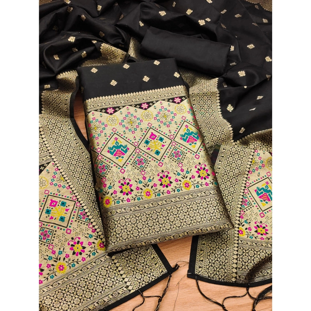 Black Banarasi Silk printed unstitched salwar suit set with dupatta (3m) on mannequin