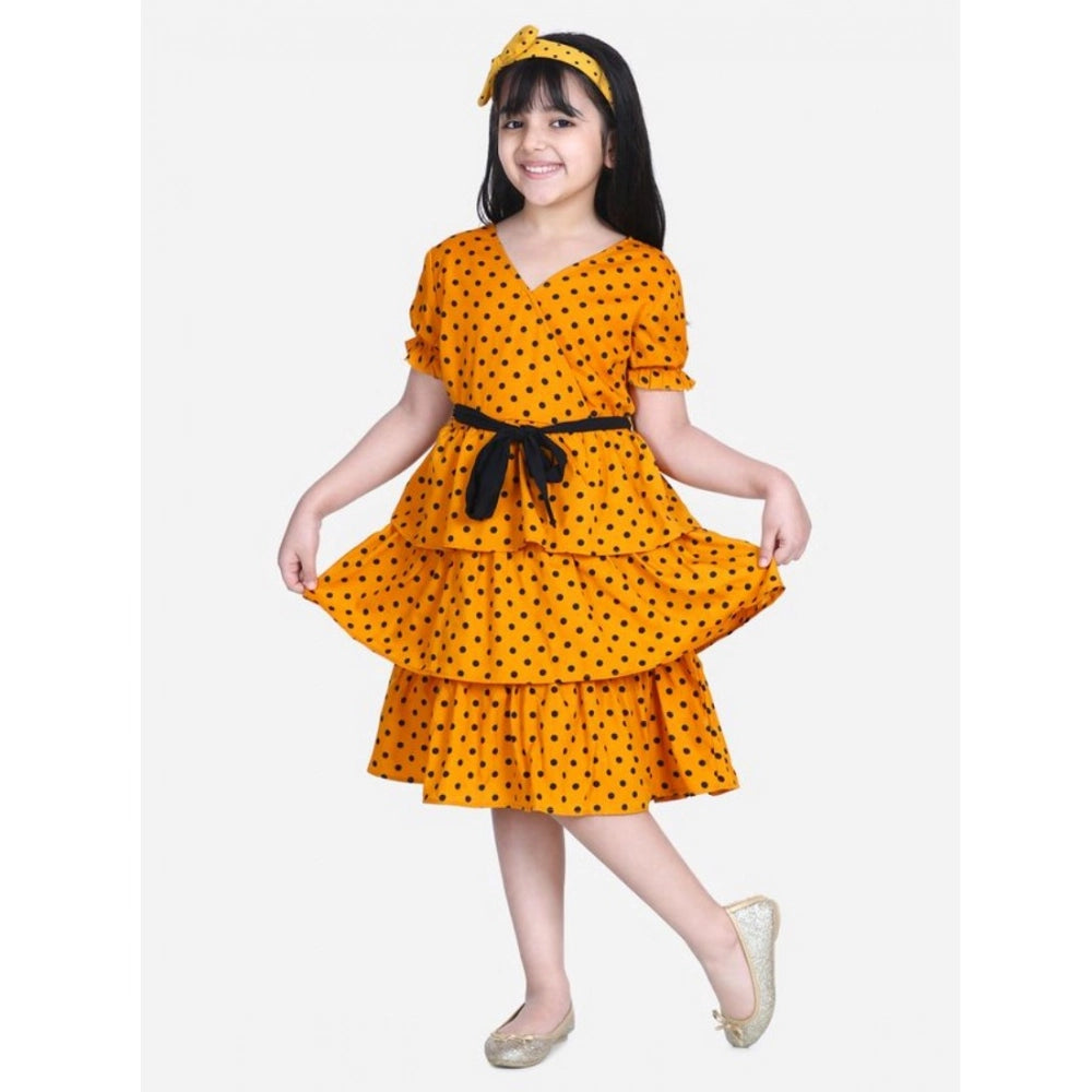 Orange polyester crepe puff v-neck dress, printed pattern for girls' fashion