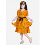 Orange polyester crepe puff v-neck dress, printed pattern for girls' fashion