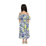 Blue polyester moss printed off-shoulder strap dress with knee length, fashionable summer outfit