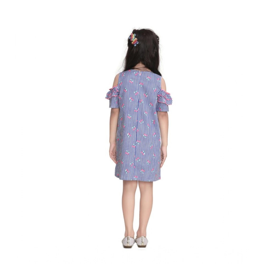 Blue striped cotton cold shoulder round neck dress for girls
