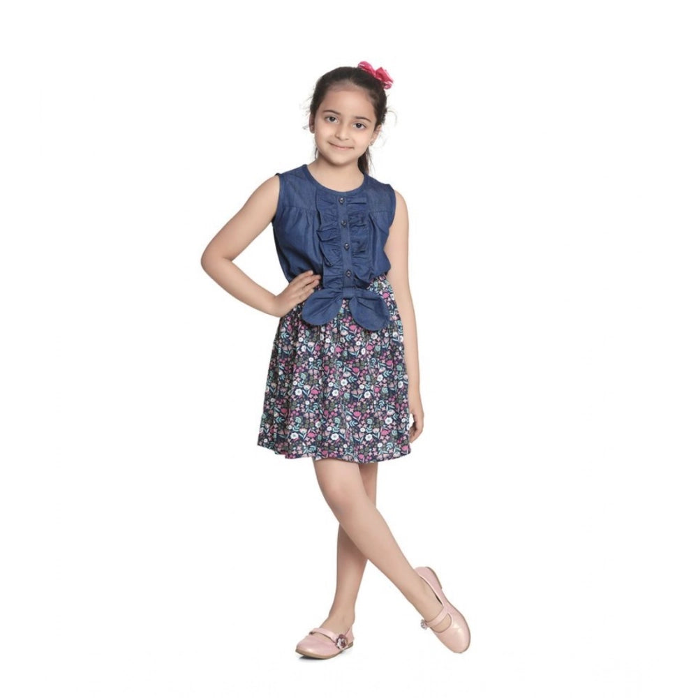 Navy blue denim-rayon floral printed sleeveless round neck dress for girls, vibrant pattern on display