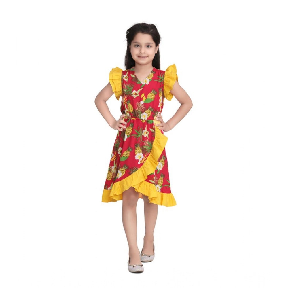 Pink cotton printed cold shoulder v-neck dress for girls, knee length style with eye-catching pattern detail