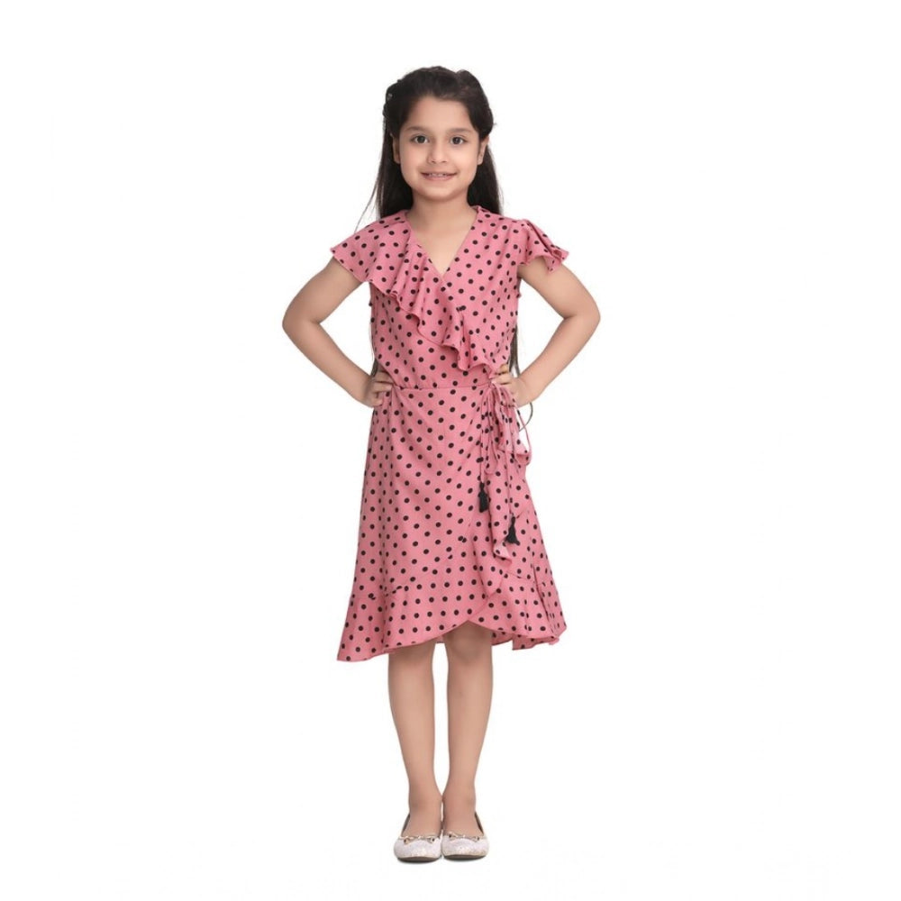 Pink polyester crepe printed flutter V-neck dress for girls, knee-length style